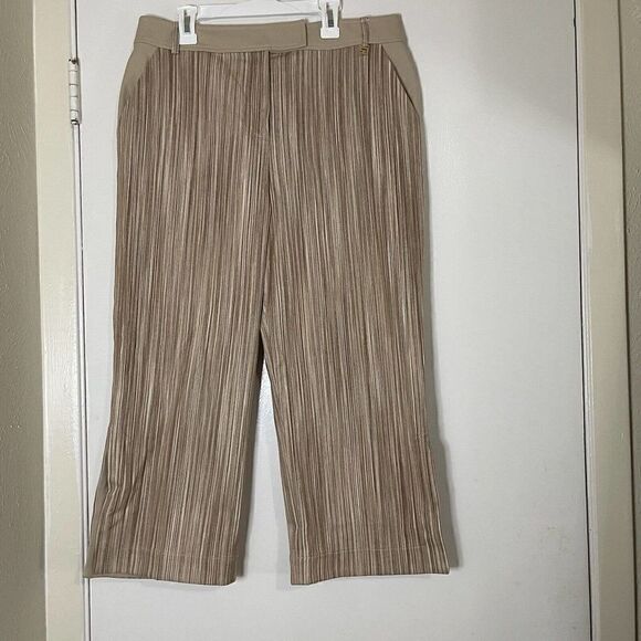 ST. JOHN sport Tan stripe Cropped split leg hem casual pants US 10 - Picture 1 of 9